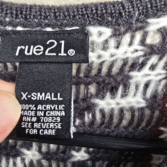 Rue21 Tribal Pattern Open Front Long Cardigan Burgundy Gray Acrylic Knit X-Small - Picture 3 of 6